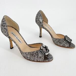 Vintage Manolo Blahnik Leopard Print Peep Toe Buckle Detail D'Orsay Heel IT 36.5